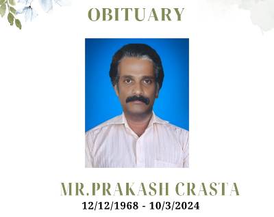 Obituary: Prakash Crasta, Behind Kemmannu Church, Kemmannu